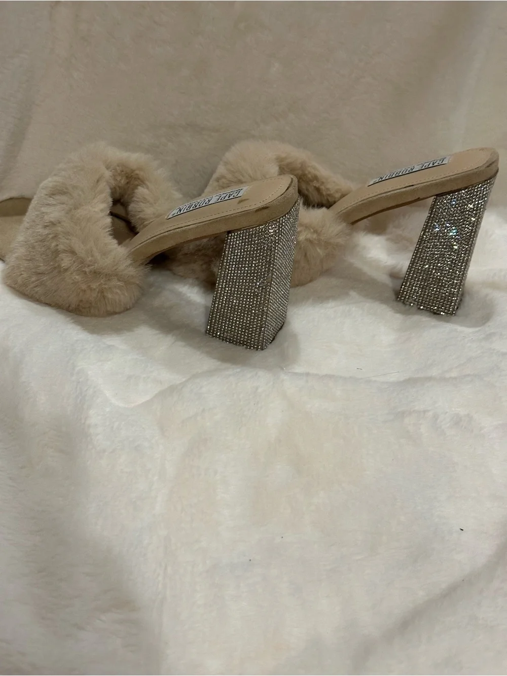 Cape Robbin Tan Faux-Fur Slide Heels with Rhinestone Block Heel - Picture 5 of 6